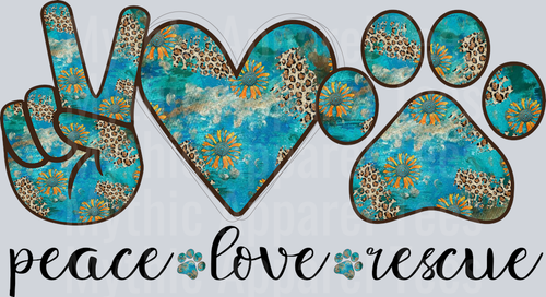 Peace Love Rescue teal and green colors DTF Dog Transfers
