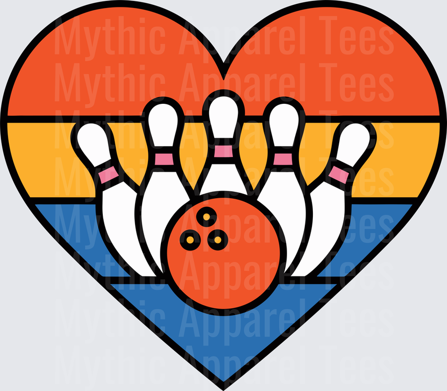 Bowling Heart with Pins and Ball Retro Sunset Stripes