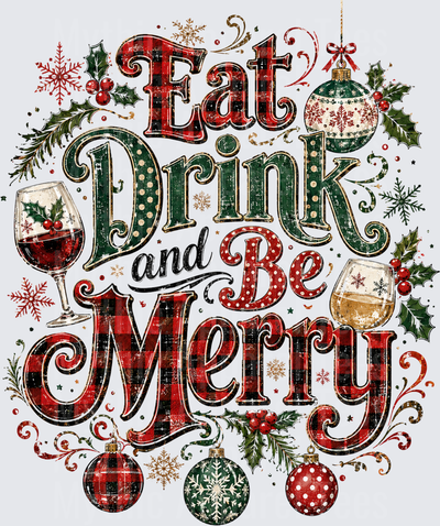Eat Drink and Be Merry Buffalo Plaid Christmas Holiday Wine Ornaments Holly Festive Vintage Typography