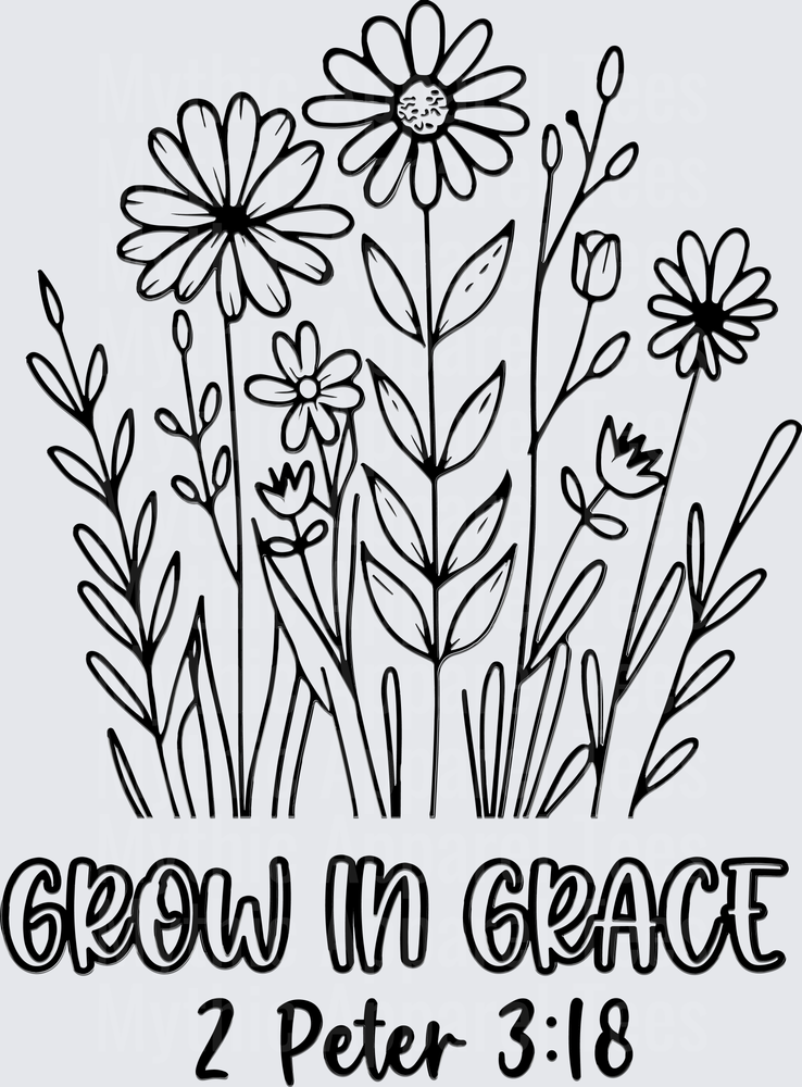 Grow In Grace 2 Peter 3:18 Wildflower Garden Black and White Line Art Christian Bible Verse Floral Botanical