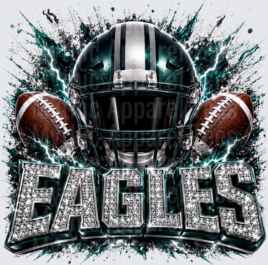 Rhinestone Style NFL Eagles Midnight Green Football Helmet with Dual Footballs and Lightning Bolt Explosion Diamond Glitter Text