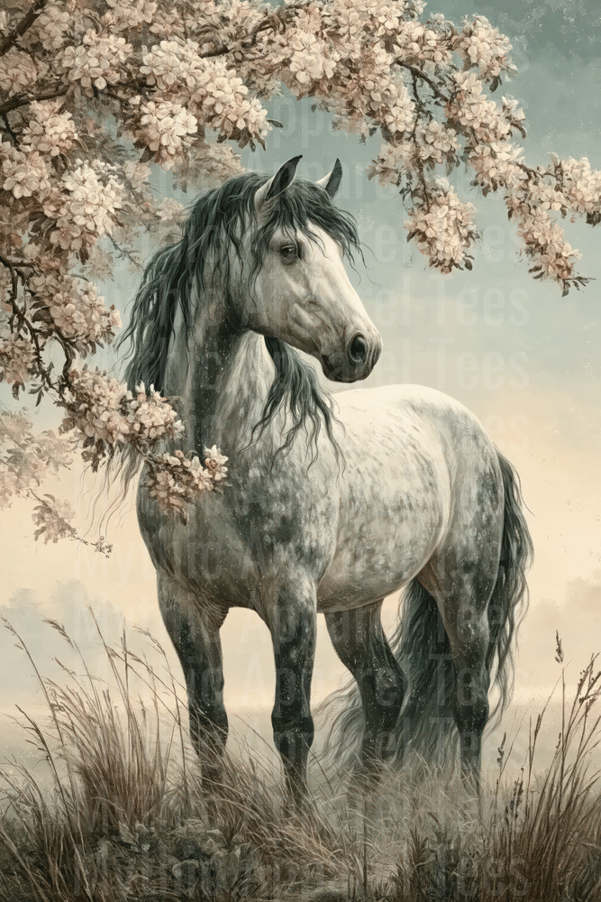 Majestic Dapple Gray Horse with Dark Flowing Mane Standing Beneath Cherry Blossom Tree in Misty Meadow