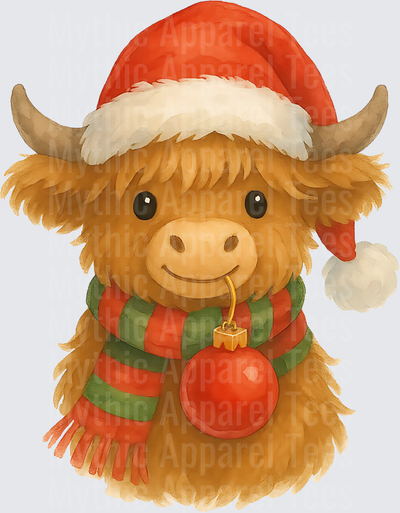 Highland Christmas Cow Santa Hat Red Green Scarf Ornament