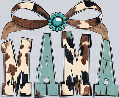 mama western cow print with pendant and teal DTF MOM Transfers