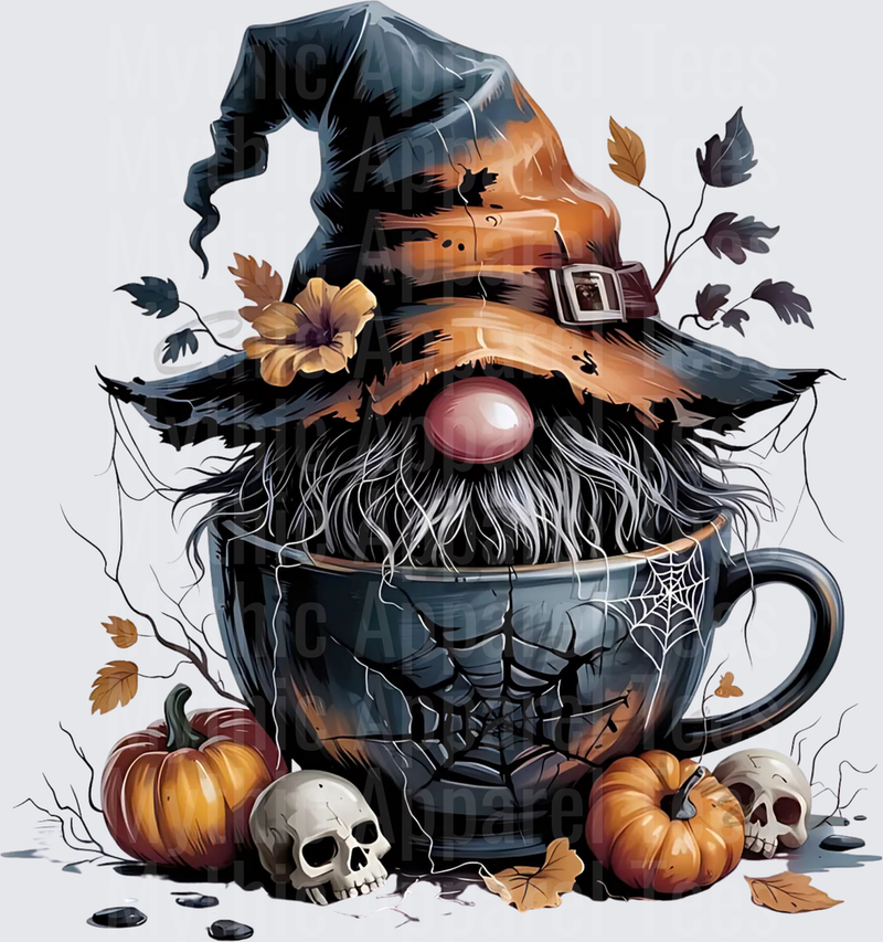 Halloween Gnome Sitting in Spiderweb Mug Surrounded by Pumpkins Skulls and Autumn Leaves with Witch Hat