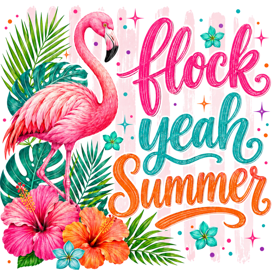 Flamingo Flock Yeah Summer Tropical Hibiscus Palm Leaves