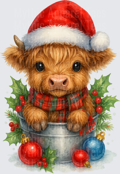 Highland Christmas Cow Baby Calf Santa Hat Galvanized Bucket