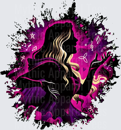 Wicked Elphaba Silhouette with Golden Hair Streaks Music Notes Stars and Hearts Magenta Ink Splash