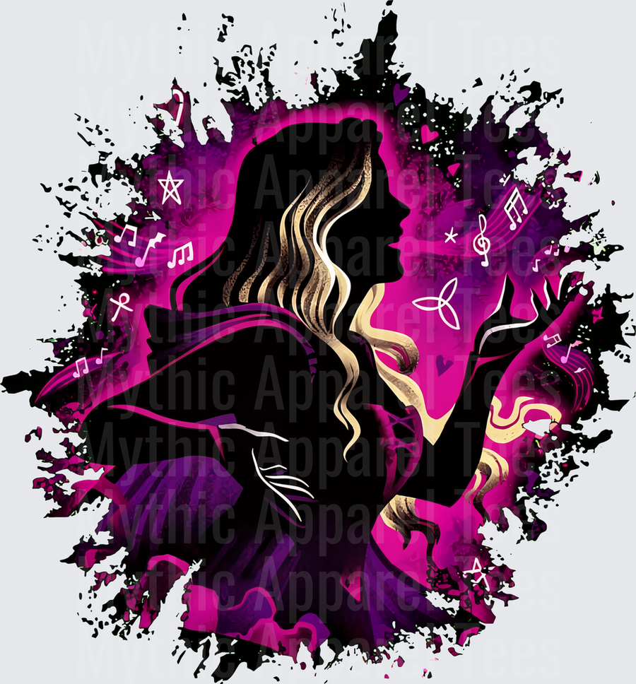 Wicked Elphaba Silhouette with Golden Hair Streaks Music Notes Stars and Hearts Magenta Ink Splash