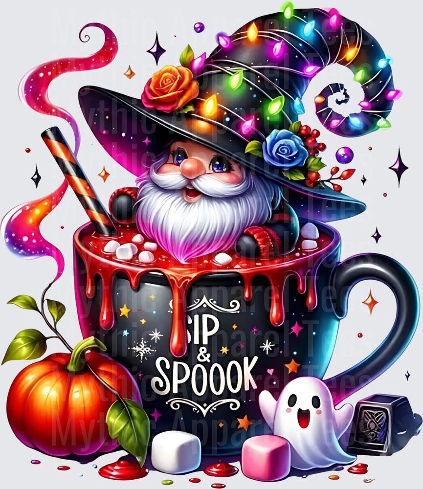 Sip and Spook Halloween Gnome in Dripping Black Mug with Witch Hat Fairy Lights Roses Ghost Pumpkin Marshmallows
