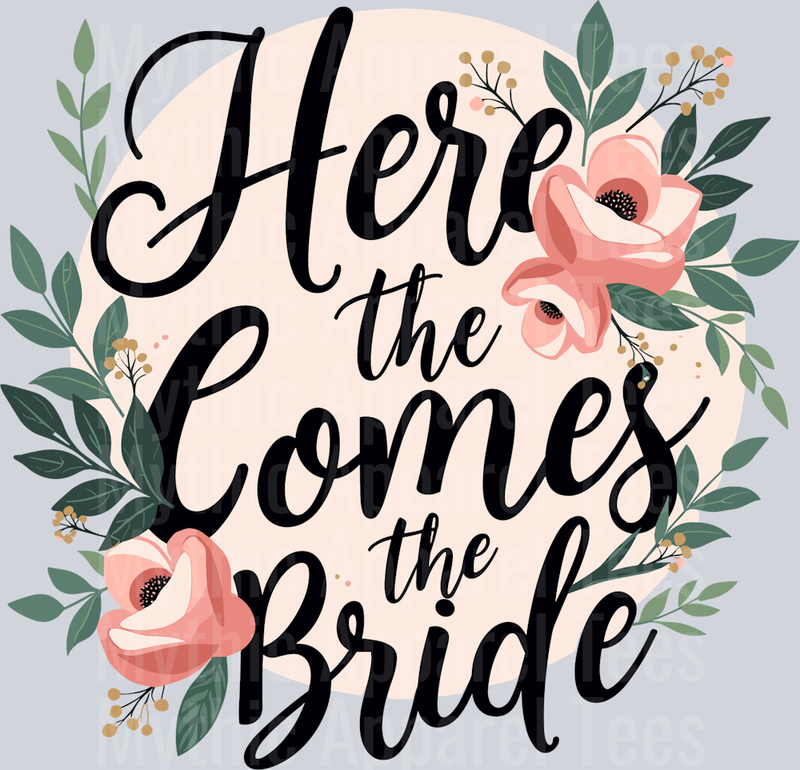 Here Comes The Bride Pink Flowers and Green Leaves DTF Bride Transfers