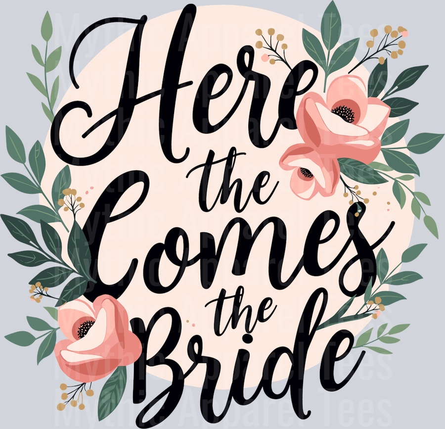 Here Comes The Bride Pink Flowers and Green Leaves DTF Bride Transfers