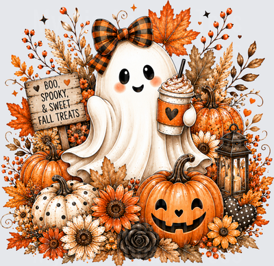 Cute Ghost with Buffalo Plaid Bow Holding Pumpkin Spice Latte Boo Spooky Sweet Fall Treats Halloween Autumn Pumpkins Sunflowers Lantern