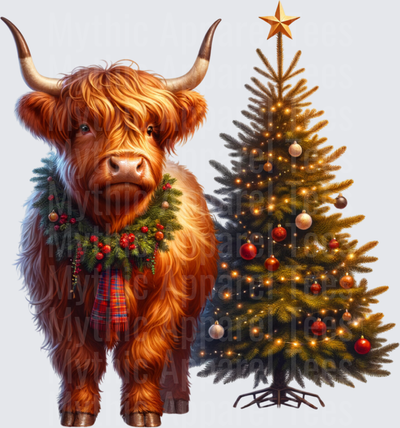 Highland Christmas Cow with Wreath Scarf and Lit Holiday Tree