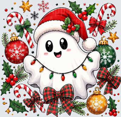 Cute Kawaii Ghost Santa Hat Christmas Lights Plaid Bow Holiday Ornaments Candy Cane Festive Design