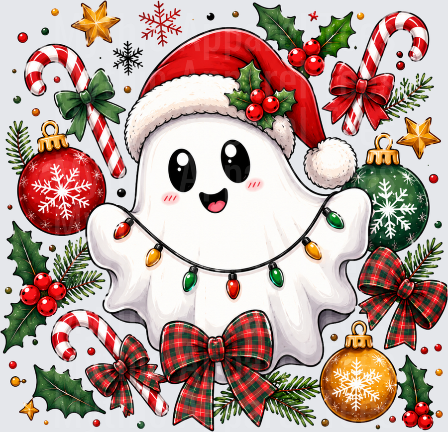 Cute Kawaii Ghost Santa Hat Christmas Lights Plaid Bow Holiday Ornaments Candy Cane Festive Design