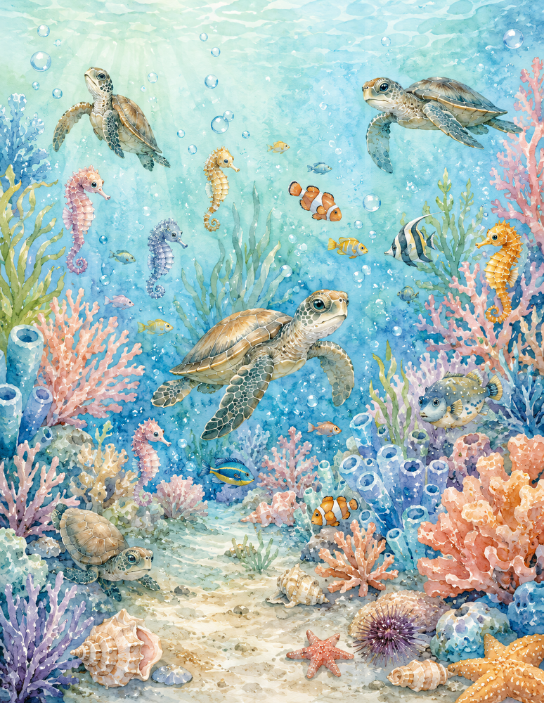 Ocean Animals Watercolor Coral Reef Sea Turtles & Sea Life