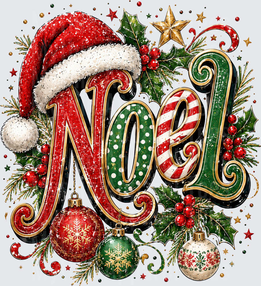 Noel Holiday Typography with Santa Hat Holly Berries and Ornaments Christmas Design