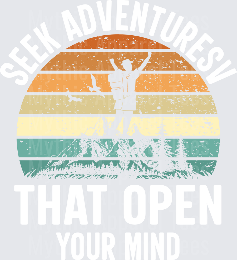 Retro Sunset Stripe Hiker Silhouette with Arms Raised Mountain Pine Tree Wilderness Scene