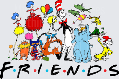 Dr. Seuss Characters Friends TV Show Logo Mashup with Cat in the Hat Lorax Horton Thing 1 Thing 2 Pete the Cat and Green Eggs and Ham