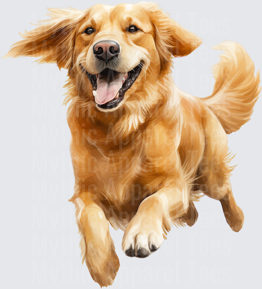 Joyful Golden Retriever Running With Floppy Ears And Happy Smile Watercolor Design