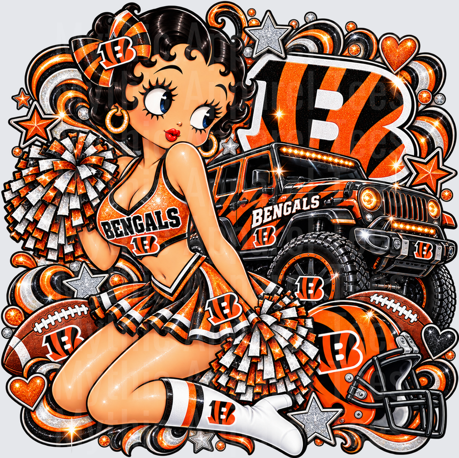 Betty Boop Cincinnati Bengals Cheerleader with Monster Truck Glitter Fan Design