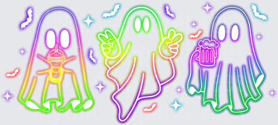 Halloween Neon Glow Ghost Trio with Drinks and Peace Signs