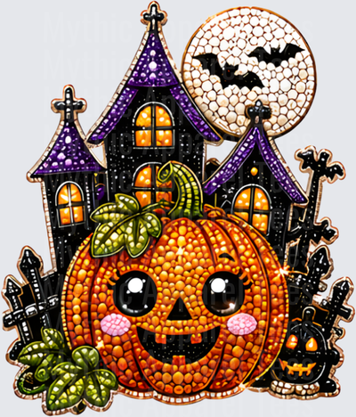 Halloween Bling Cute Kawaii Jack-O-Lantern Haunted House Full Moon Bats Rhinestone Beaded Design