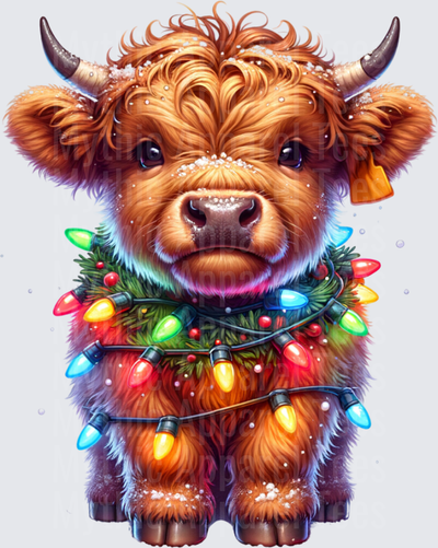 Highland Christmas Cow Calf With Colorful Holiday Lights