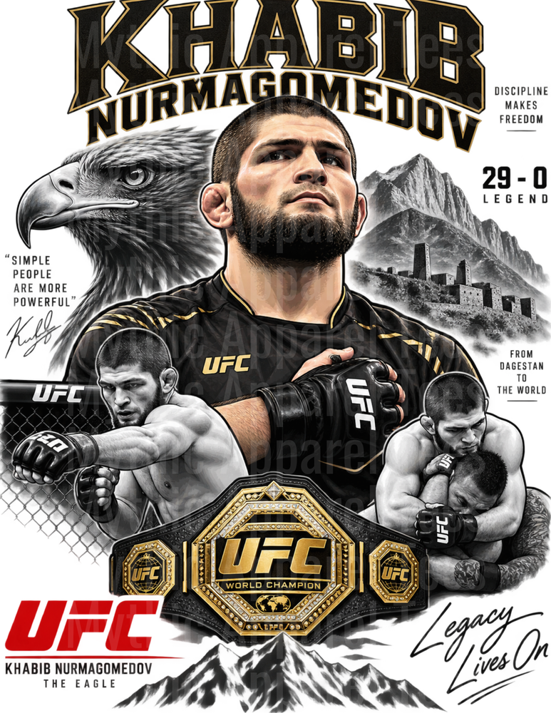 Khabib Nurmagomedov The Eagle 29-0 Legend UFC World Champion Legacy Lives On Tribute Collage with Eagle Dagestan Mountains and Championship Belt
