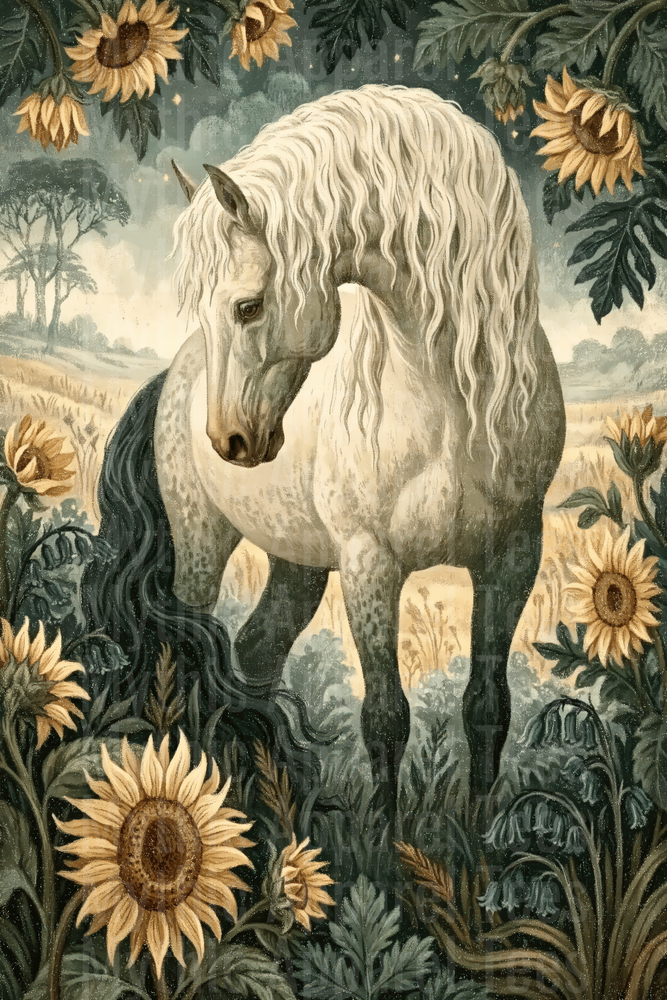 Majestic White Horse with Flowing Mane Surrounded by Sunflowers Vintage Botanical Tapestry Art