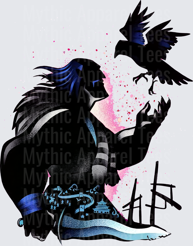 Dark Warrior with Long Black Hair Releasing Raven Crow with Chinese Great Wall Sash Watercolor Splatter Ink Art