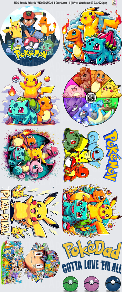 Gang Sheet FULL SIZE DESIGNS Pokemon Collection with Pikachu Ash Charmander Squirtle Bulbasaur and Pokeball Graphics