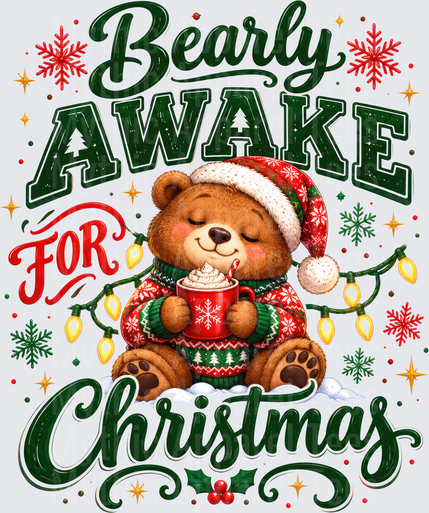 Bearly Awake For Christmas Sleepy Teddy Bear in Santa Hat and Ugly Sweater Holding Hot Cocoa with Holiday Lights and Snowflakes