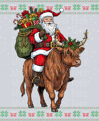 Santa Riding Highland Cow Ugly Christmas Sweater T-Shirt