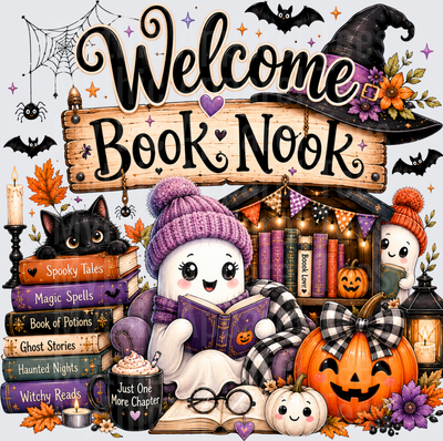 Welcome Book Nook Halloween Ghost Reading Spooky Tales Witch Hat Black Cat Pumpkin Cozy Fall Reading Nook Design