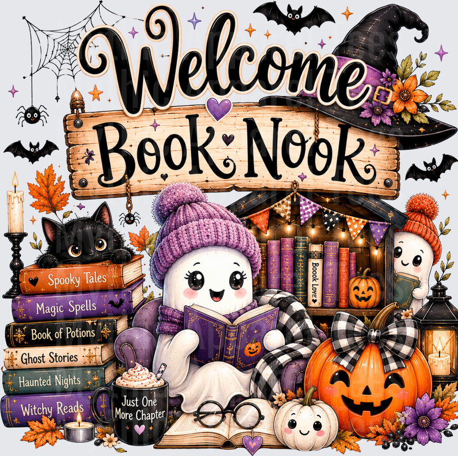 Welcome Book Nook Halloween Ghost Reading Spooky Tales Witch Hat Black Cat Pumpkin Cozy Fall Reading Nook Design