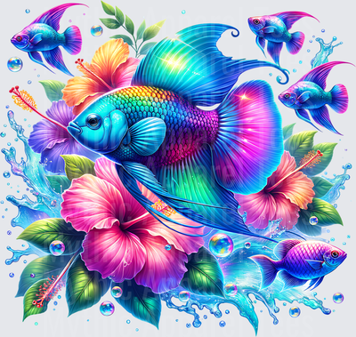 Ocean Animals Neon Rainbow Betta Fish Tropical Hibiscus Splash