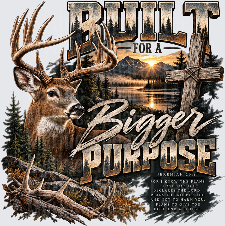 Built For A Bigger Purpose Whitetail Buck Christian Cross Jeremiah 29:11 Mountain Sunrise Wilderness Scene