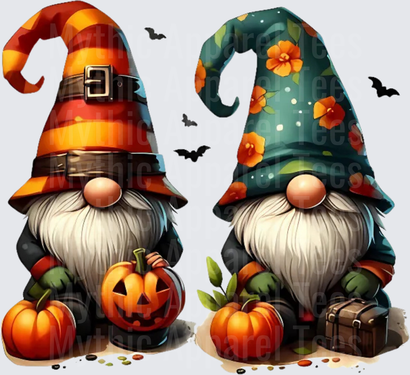 Halloween Gnome Duo with Jack-O-Lantern Pumpkins and Flying Bats Autumn Witch Hat Pair