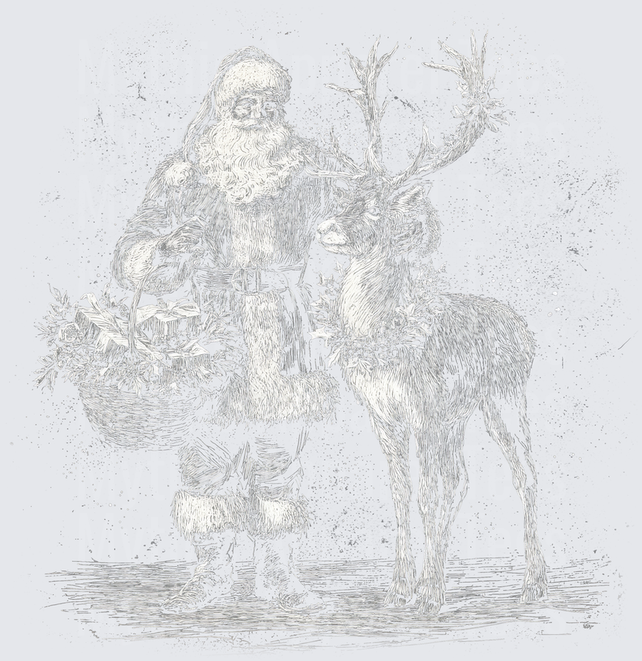 Vintage Etched Santa Claus Standing Beside Reindeer with Holiday Greenery Basket Sketch Art