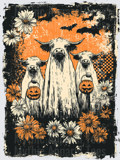 Distressed Halloween Highland Cows in Ghost Sheets Holding Jack-O-Lantern Buckets with Daisies Bats and Orange Grunge Background