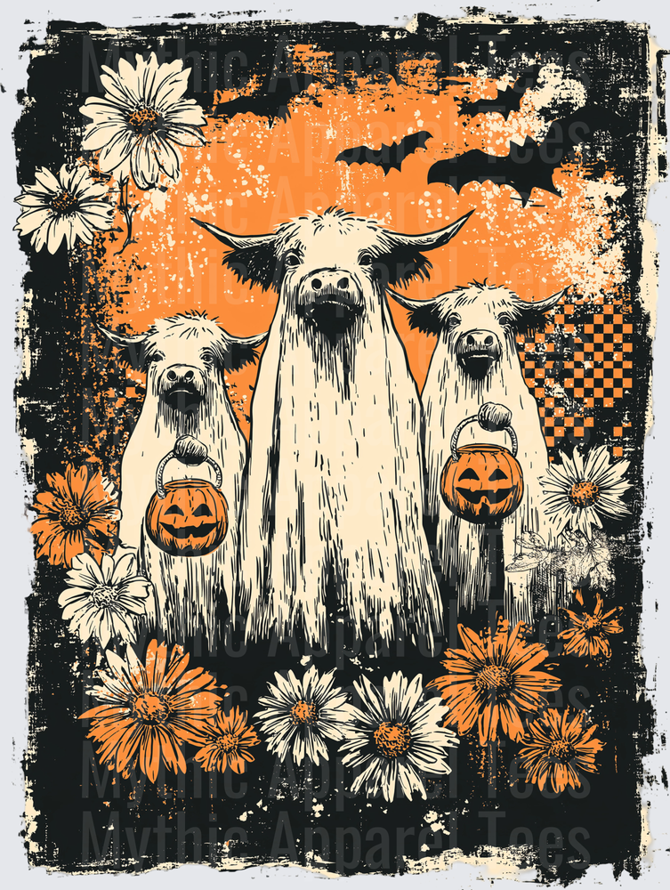 Distressed Halloween Highland Cows in Ghost Sheets Holding Jack-O-Lantern Buckets with Daisies Bats and Orange Grunge Background