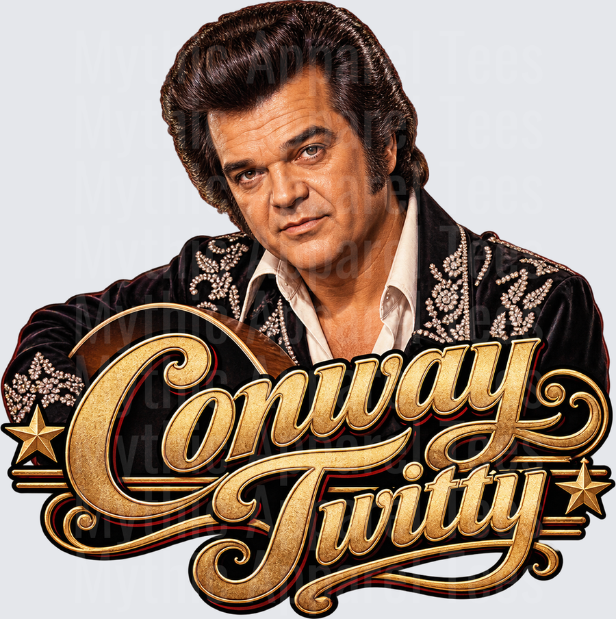 Conway Twitty Country Music Legend Portrait with Gold Script Logo and Stars