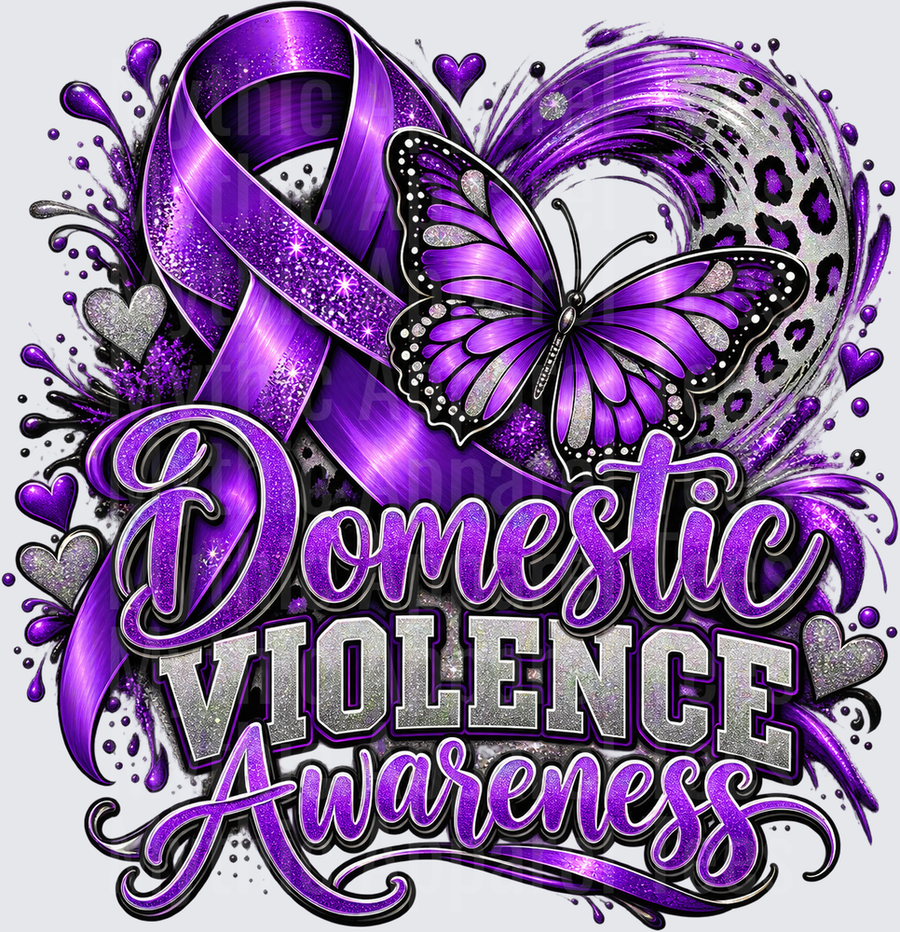 Domestic Violence Awareness Purple Ribbon Butterfly Leopard Heart Glitter Design
