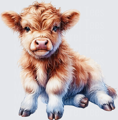 Highland Christmas Cow Fluffy Baby Calf Sitting Watercolor Art