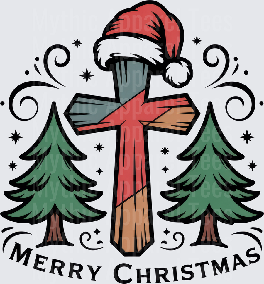 Merry Christmas Christian Cross with Santa Hat and Pine Trees Faith Holiday Design