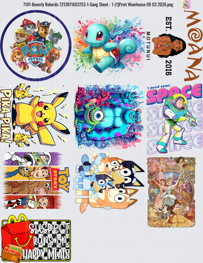 Gang Sheet FULL SIZE DESIGNS Paw Patrol Squirtle Pikachu Monsters Inc Buzz Lightyear Toy Story Disney Princess McDonald's Happy Meal Collection