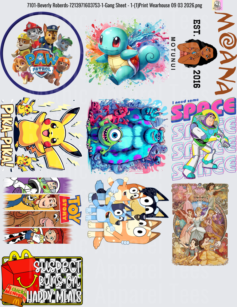 Gang Sheet FULL SIZE DESIGNS Paw Patrol Squirtle Pikachu Monsters Inc Buzz Lightyear Toy Story Disney Princess McDonald's Happy Meal Collection