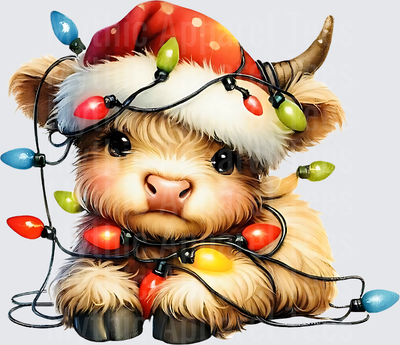 Highland Christmas Cow Tangled in Colorful Holiday Lights